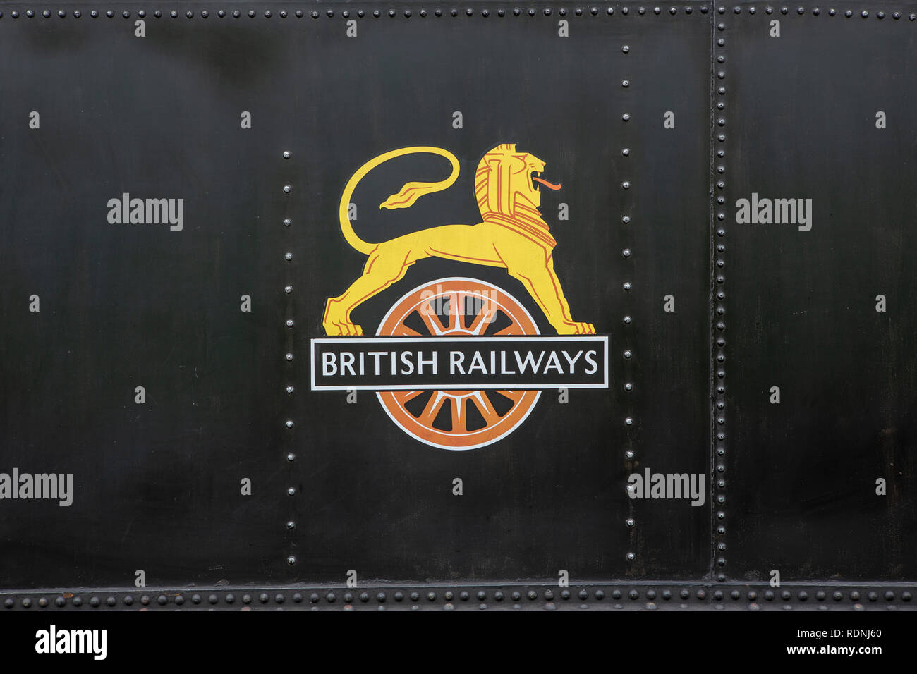 British Railways Radfahren Löwe Logo auf authentische schwarze Lokomotive Panel. Eine gemeinsame Sicht auf Fahrzeuge von 1948 bis 1956. Stockfoto