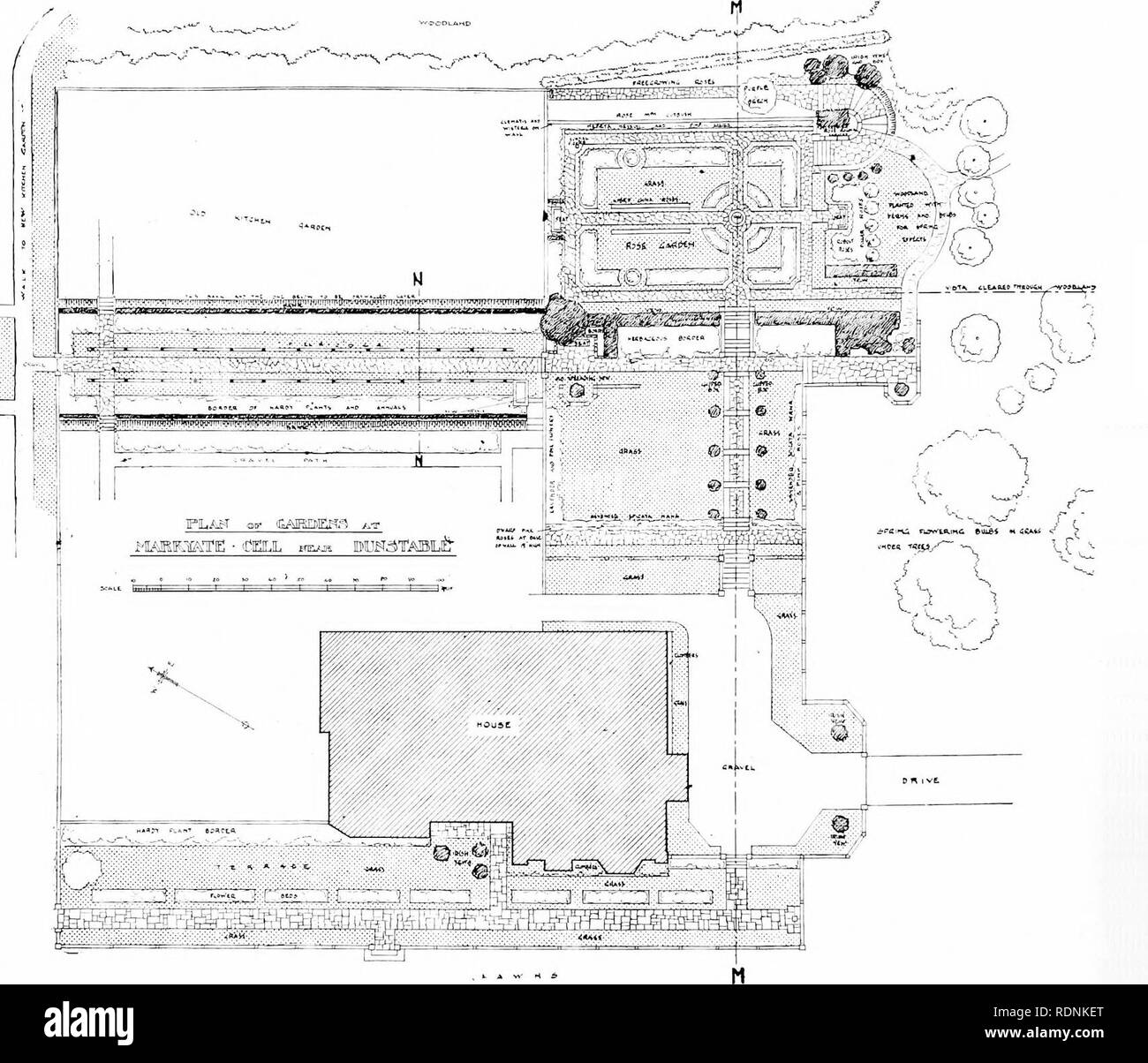 . Gärten für kleine Häuser auf dem Land. Gärten. XXVI. Gärten für kleine Häuser auf dem Land. War das Schneiden von einen Weg durch die Mitte der alten verstärkt Hedge, so dass ein Vista vom Vorplatz, eine neue Treppe durch die Hecke und über die gesichert werden könnte, Rose Garden, die dann auf der oberen Ebene, das war einmal ein Bowling Green gebildet wurde. Dieser Vista liegt malerisch durch eine große lila Buche, die sich aus der Wälder an der östlichen Grenze geschlossen. So wurde estabhshed ein Schema. Abb. Xiii - marky. VTE ZELLE: PLAN VON G.AKDEN, der Chief ist eine ausgeprägte axiale Linie rechts ein Stockfoto