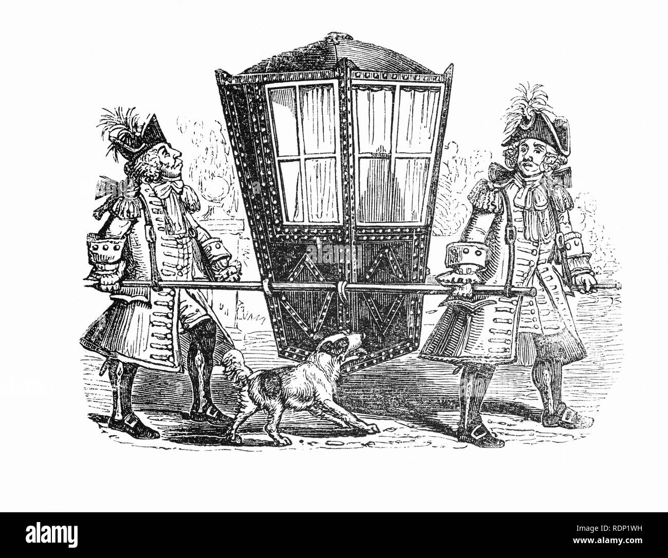 18. Jahrhundert Reisen war schwierig und daher unpraktisch, die Einführung der Sänfte. Es bestand aus einem Stuhl oder Kuverts mit Kabine geeignet für eine einzelne Insassen, auch durch mindestens zwei Träger vorne und hinten, mit hölzernen Schienen, die durch die Halterungen an den Seiten des Lehrstuhls. Diese torhüter in London als "Vorsitzenden" bekannt. Stockfoto