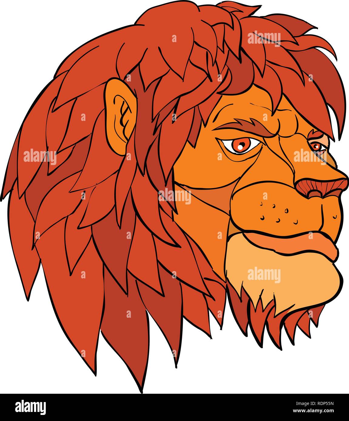 Cartoon Stil Abbildung eines Kopf eines Löwen mit voller Mähne wiederkäuend in nachdenkliche Stimmung von der Seite auf isolierten Hintergrund in Farbe gesehen. Stock Vektor