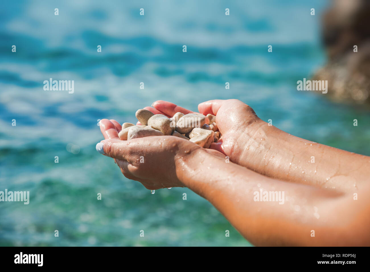 Weibliche Hände auf dem Hintergrund von Meer oder Ozean halten Meer Steine. Stockfoto