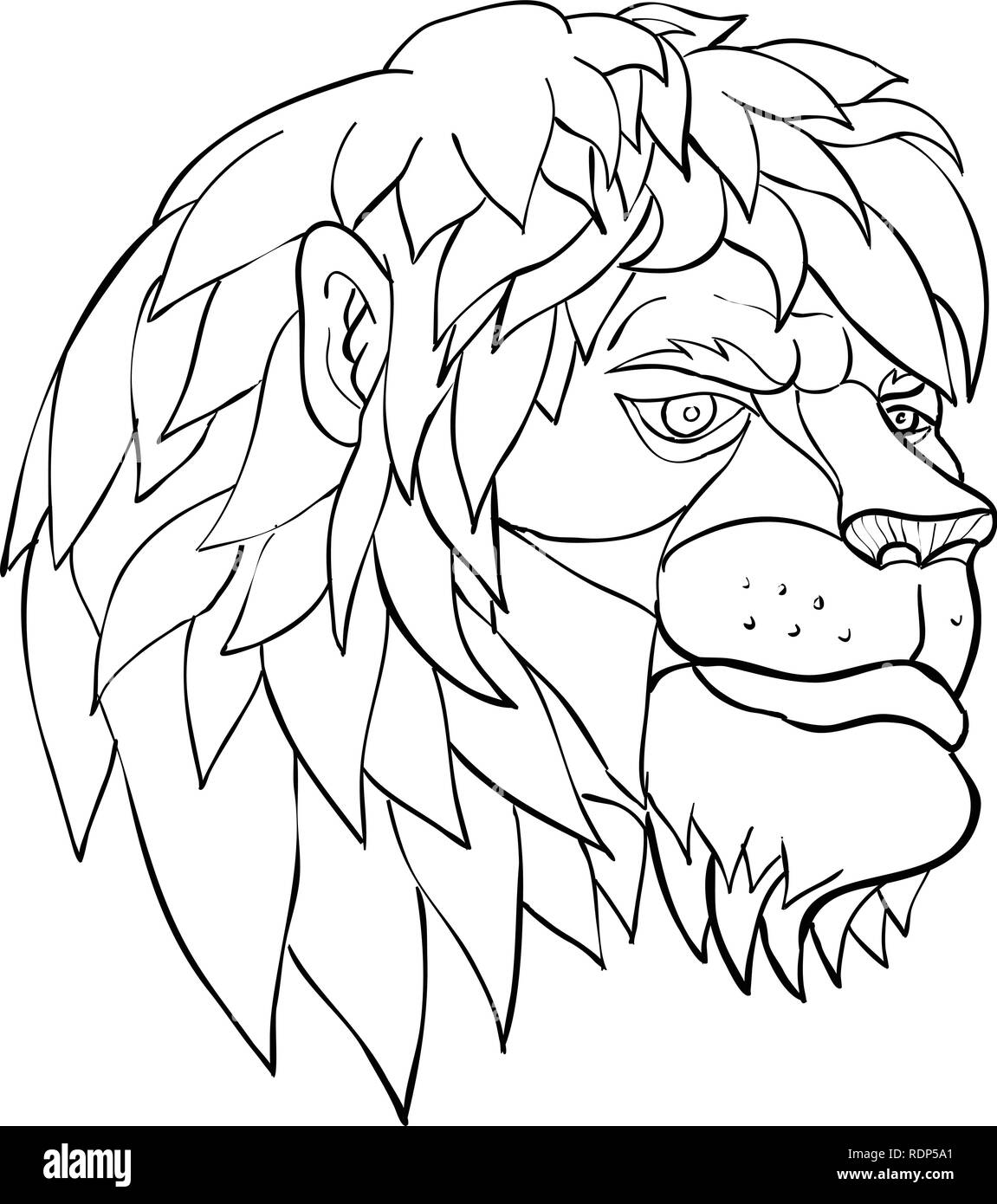 Cartoon Stil Abbildung eines Kopf eines Löwen mit voller Mähne in nachdenkliche Stimmung von der Seite auf isolierten Hintergrund in Schwarz und Weiß. Stock Vektor