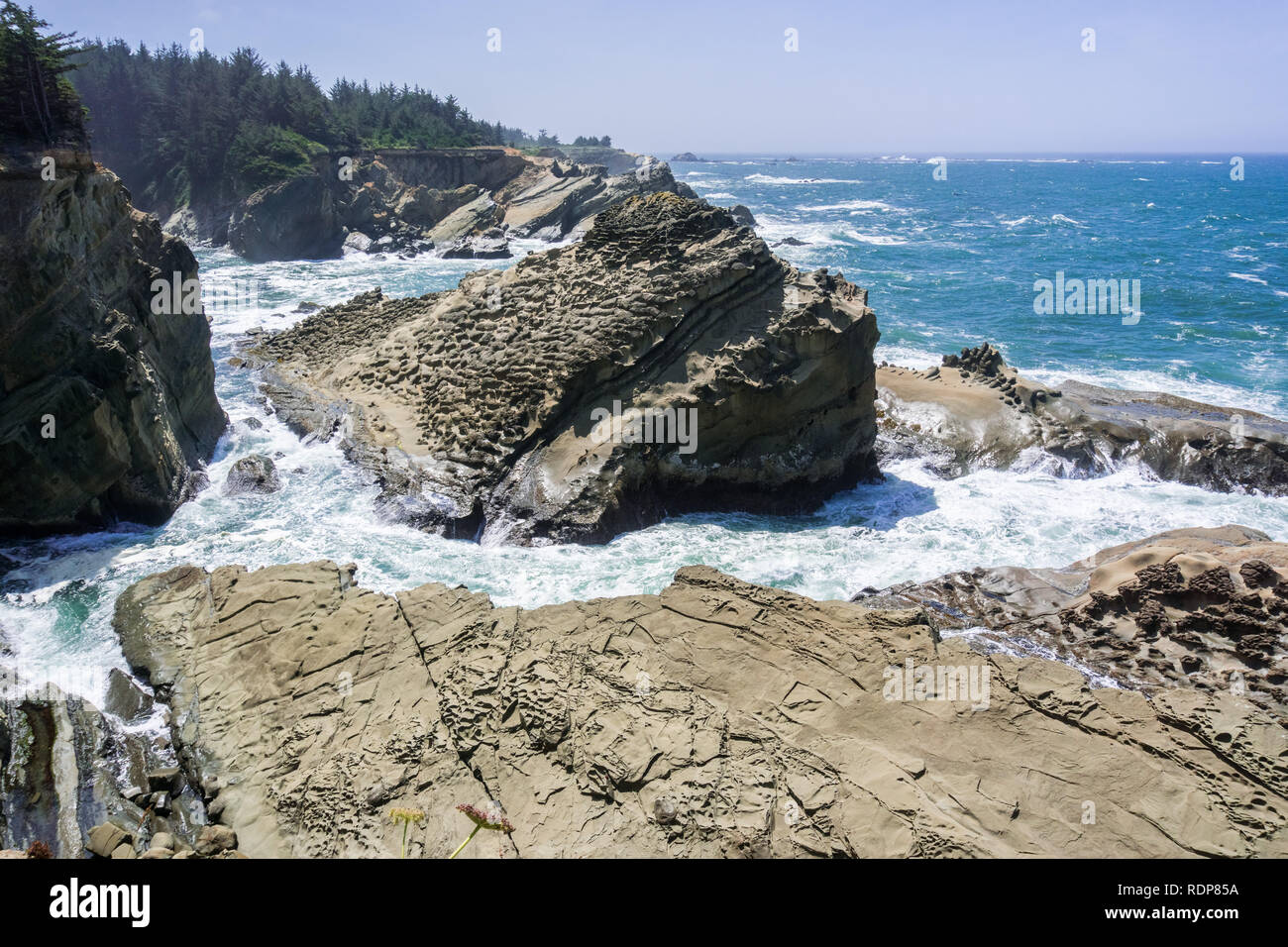 Dramatische Küstenlinie mit seltsamen Felsformationen am Ufer morgen State Park, Coos Bay, Oregon Stockfoto