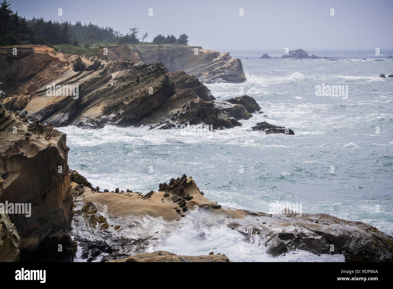 Dramatische Küstenlinie mit seltsamen Felsformationen am Ufer morgen State Park, Coos Bay, Oregon Stockfoto