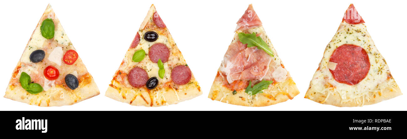 Pizza Pizza Scheibe Scheiben Sammlung Collage von oben auf weißem Hintergrund Stockfoto