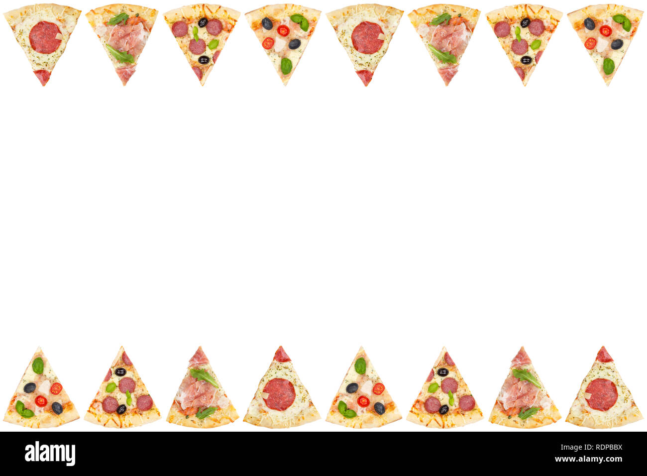 Pizza Pizza Scheibe Scheiben Umrandung kopieren copyspace Raum von oben auf weißem Hintergrund Stockfoto