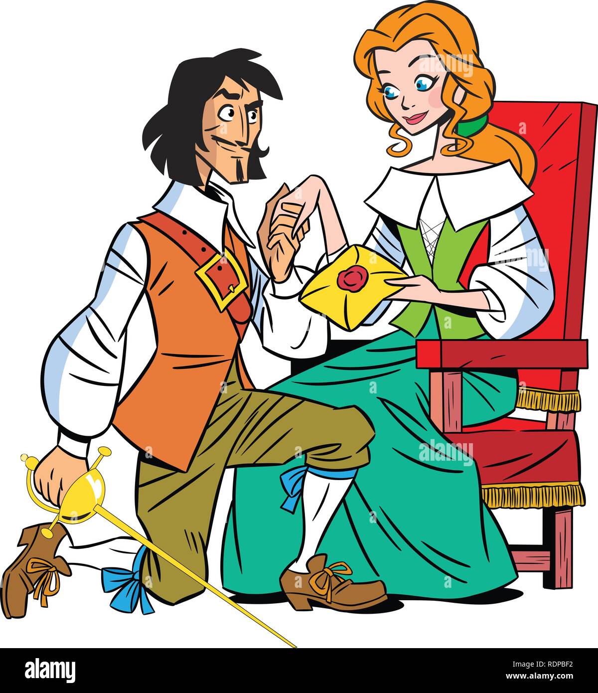 In der Abbildung ist der musketeer und ein Mädchen mit einem Buchstaben. Stock Vektor