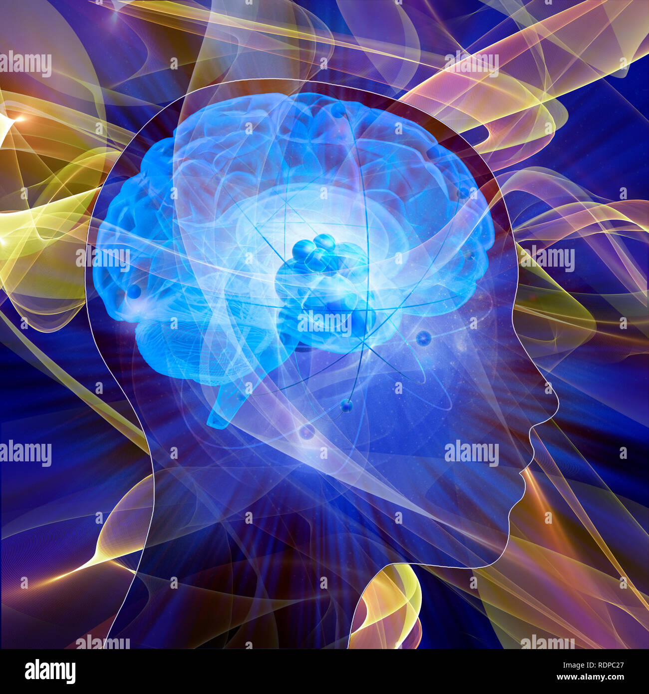 Atome im menschlichen Gehirn, Illustration. Stockfoto