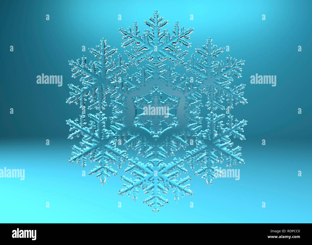 Schneeflocke vor einem blauen Hintergrund, Illustration. Stockfoto
