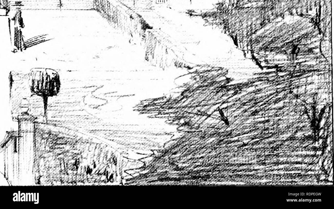 . Gärten für kleine Häuser auf dem Land. Gärten, Englisch. Abb. XXXIX. - BEHANDLUNG FÜR DEN VORPLATZ DER EINE KLEINE HÜTTE. HorsweU. Aber in beiden Fällen die Ausdehnung von Kies relativ groß ist, fast die doppelte Fläche des Block-Plan des Hauses. Wo der Trainer - Haus oder in der Garage steht - über das Haus, und mehr oder weniger paraUel mit der Linie der Hauptkamm, diese Schwierigkeit durch eine derartige Vereinbarung kann wie gezeigt auf dem Plan Abb. xhi überwunden werden., die nur die Breite einer Straße, an der Haustür. Es ist durch einen dritten Stück Straße, symmetrisch Verzweigung mit dem zu Stockfoto