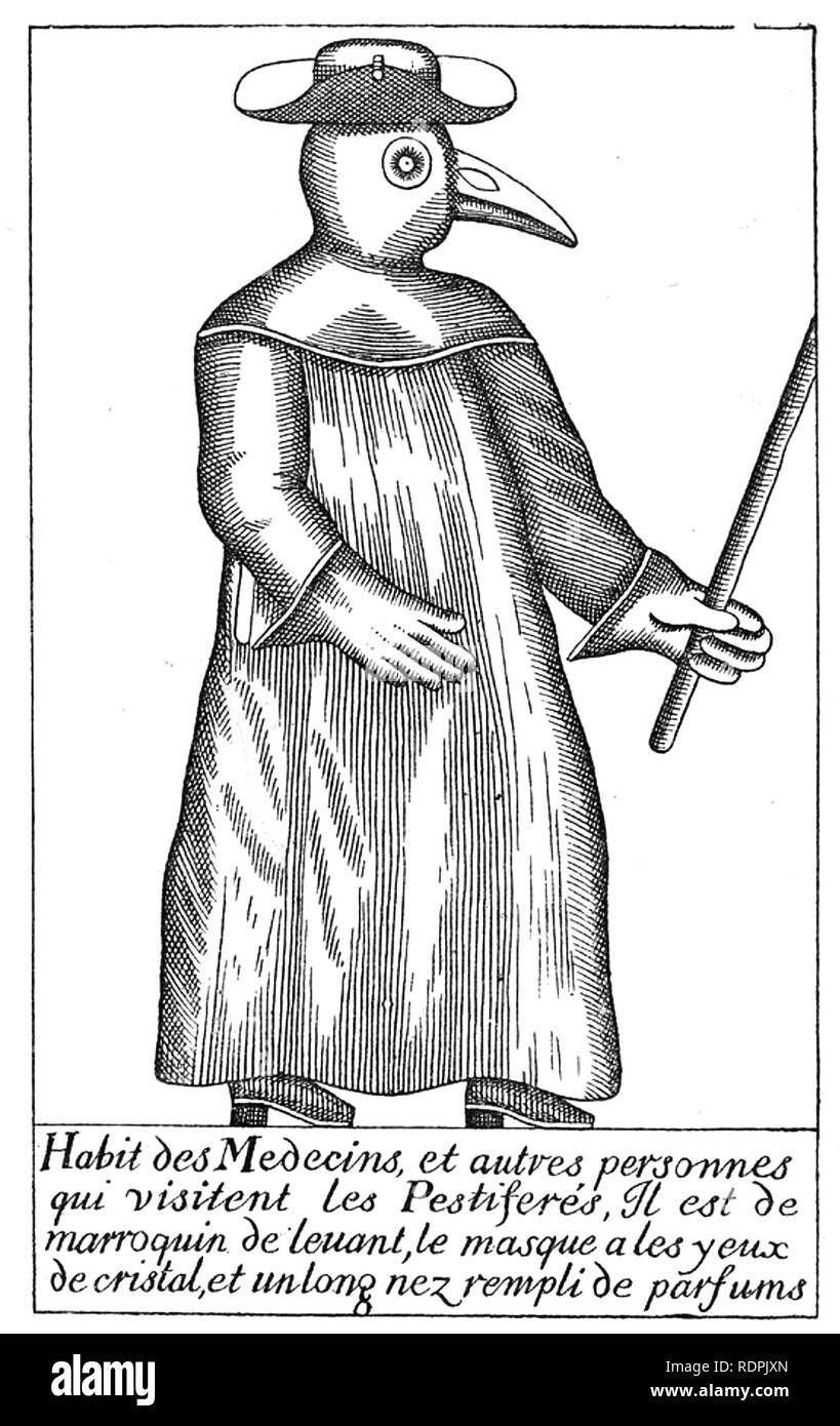 Pest Arzt 17. Jahrhundert Französisch Abbildung: ein Arzt gekleidet, die Opfer der Pest besuchen Stockfoto