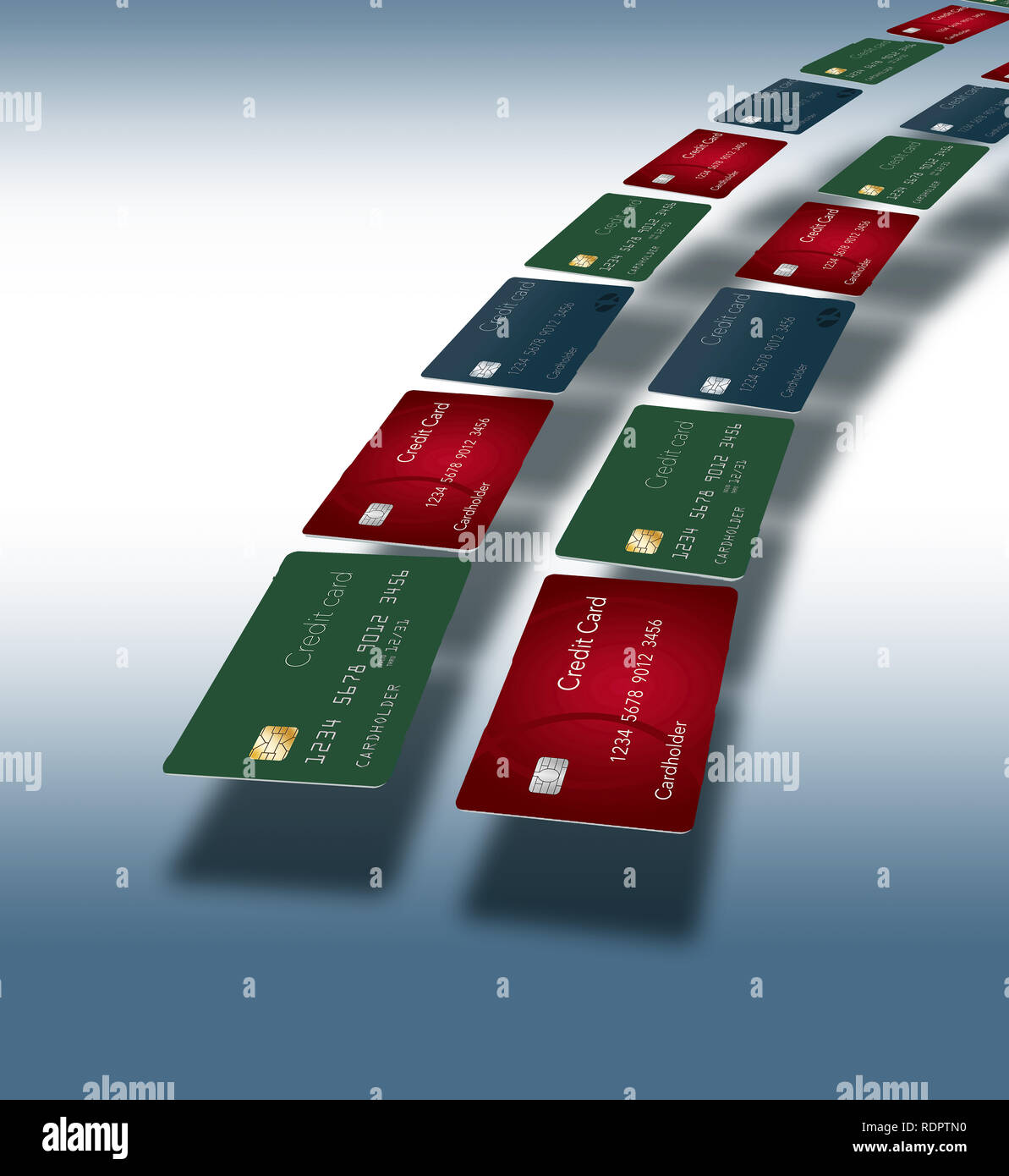 Kreditkarten arc über Seite und ist mit Platz für Text oder andere Design Elementen umgeben ist. Dies ist eine Abbildung. Stockfoto