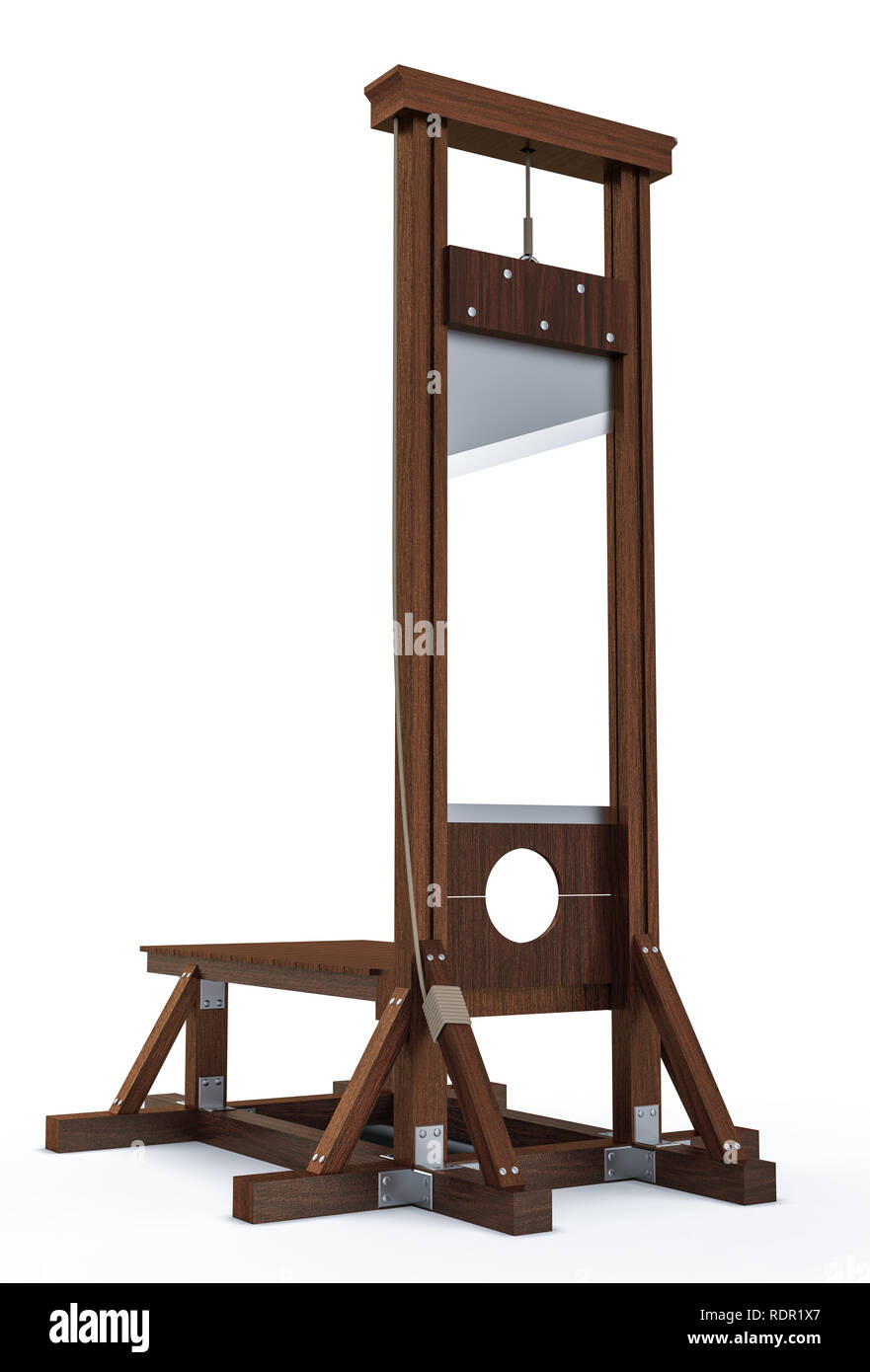 Guillotine Instrument für Zuzufügen, die Vollstreckung der Todesstrafe durch Enthauptung auf weißem Hintergrund. Alte Holz- instrument für die Ausführung Stockfoto