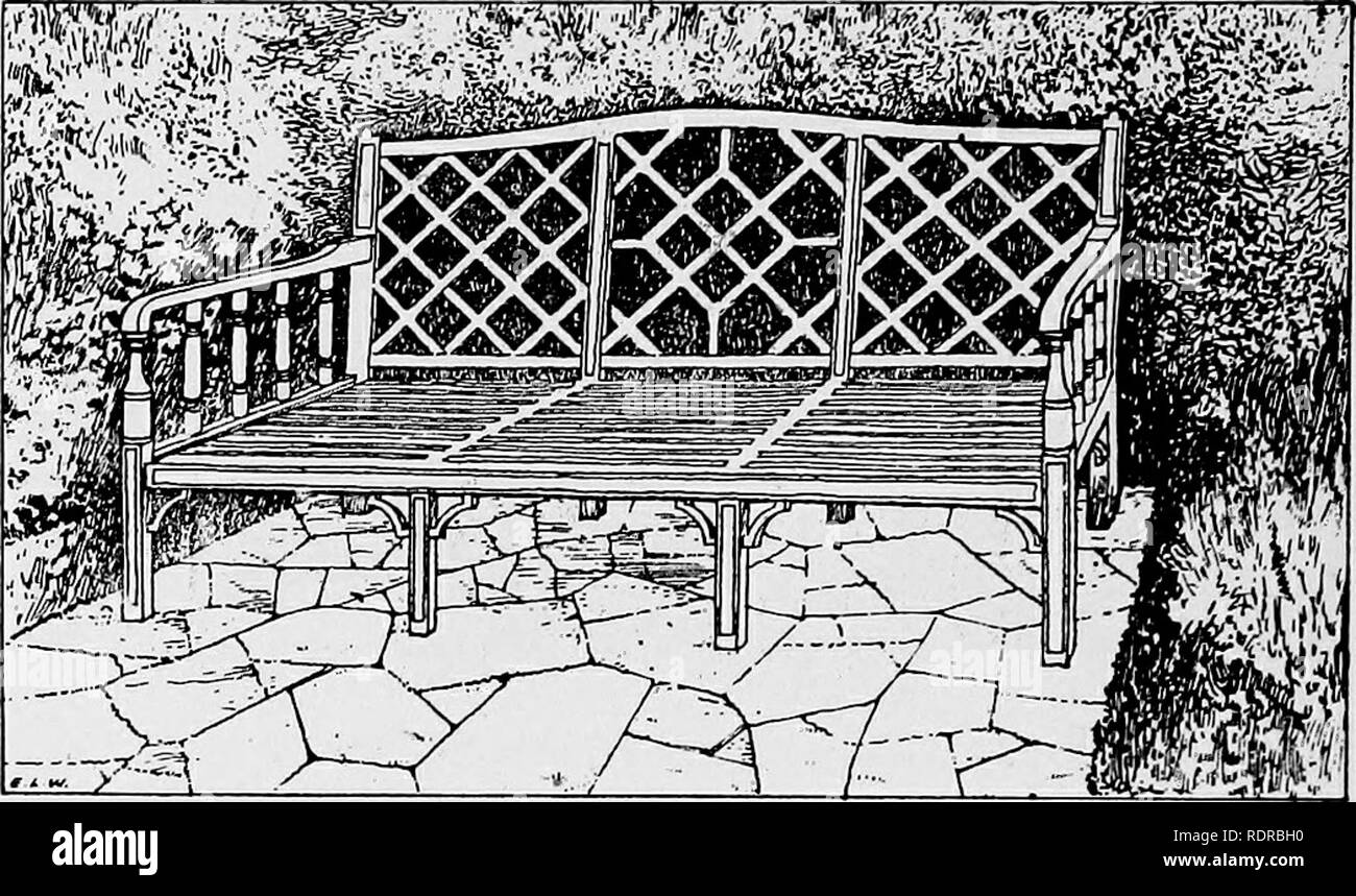 . Gärten im Bilden. Gärten; Landschaftsarchitektur; Gartenbau. 144 GÄRTEN IM BILDEN. Abb. 39.- Eine bemalte Sitz. bogenförmige Aussparung in der Wand ist in Abb. 1 gezeigt. 40, und eine offene Aussparung kann mit Interlacing Balkenwerk, Pergola - Fashion überdacht werden, eine Laube (Abb. zu bilden. 3). In Abb. 44 eine Nische in einer Eibe hedge Antworten den gleichen Zweck und treillage eignet sich hervorragend, um eine ähnliche Behandlung. In solchen Fällen sollte der Innenraum ausgeübt gefegt und sauber sein, so dass die außen durch die zufällige Wachstum von kletterpflanzen oder Kletterrosen abgedeckt werden, oder durch die Sie getrimmt - Linien der t Stockfoto