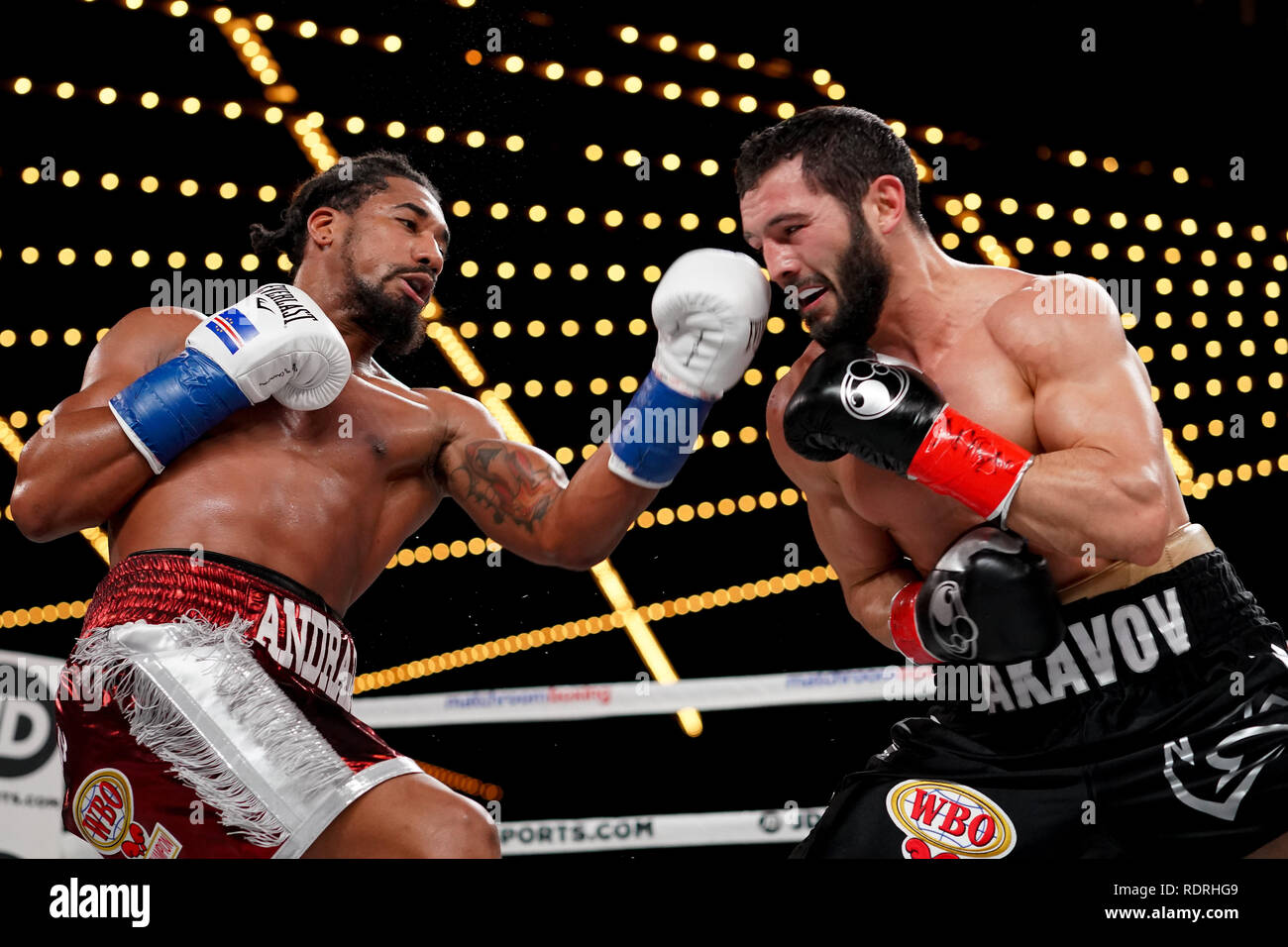 New York, New York, USA. Jan, 2019 18. DEMETRIUS ANDRADE (Burgund und grau-Amtsleitungen) Kämpfe ARTUR AKAVOVIN in einem der World Boxing Organization World Mittelgewichttitel bout am Hulu Theater im Madison Square Garden in New York, New York. Quelle: Joel Plummer/ZUMA Draht/Alamy leben Nachrichten Stockfoto