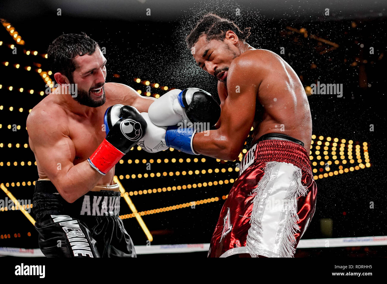 New York, New York, USA. Jan, 2019 18. DEMETRIUS ANDRADE (Burgund und grau-Amtsleitungen) Kämpfe ARTUR AKAVOVIN in einem der World Boxing Organization World Mittelgewichttitel bout am Hulu Theater im Madison Square Garden in New York, New York. Quelle: Joel Plummer/ZUMA Draht/Alamy leben Nachrichten Stockfoto