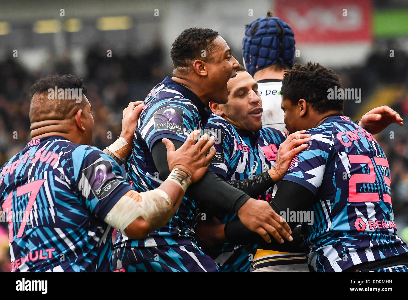 Sixways Stadion, Worcester, Großbritannien. 19. Jan 2019. European Challenge Cup, Worcester vs Stade Francais; Jonathan Danty Stade Francais Paris feiert zählen seine Seiten dritten Versuch tm Credit: Craig Thomas/news Bilder Credit: Aktuelles Bilder/Alamy Live News Credit: Aktuelles Bilder/Alamy leben Nachrichten Stockfoto