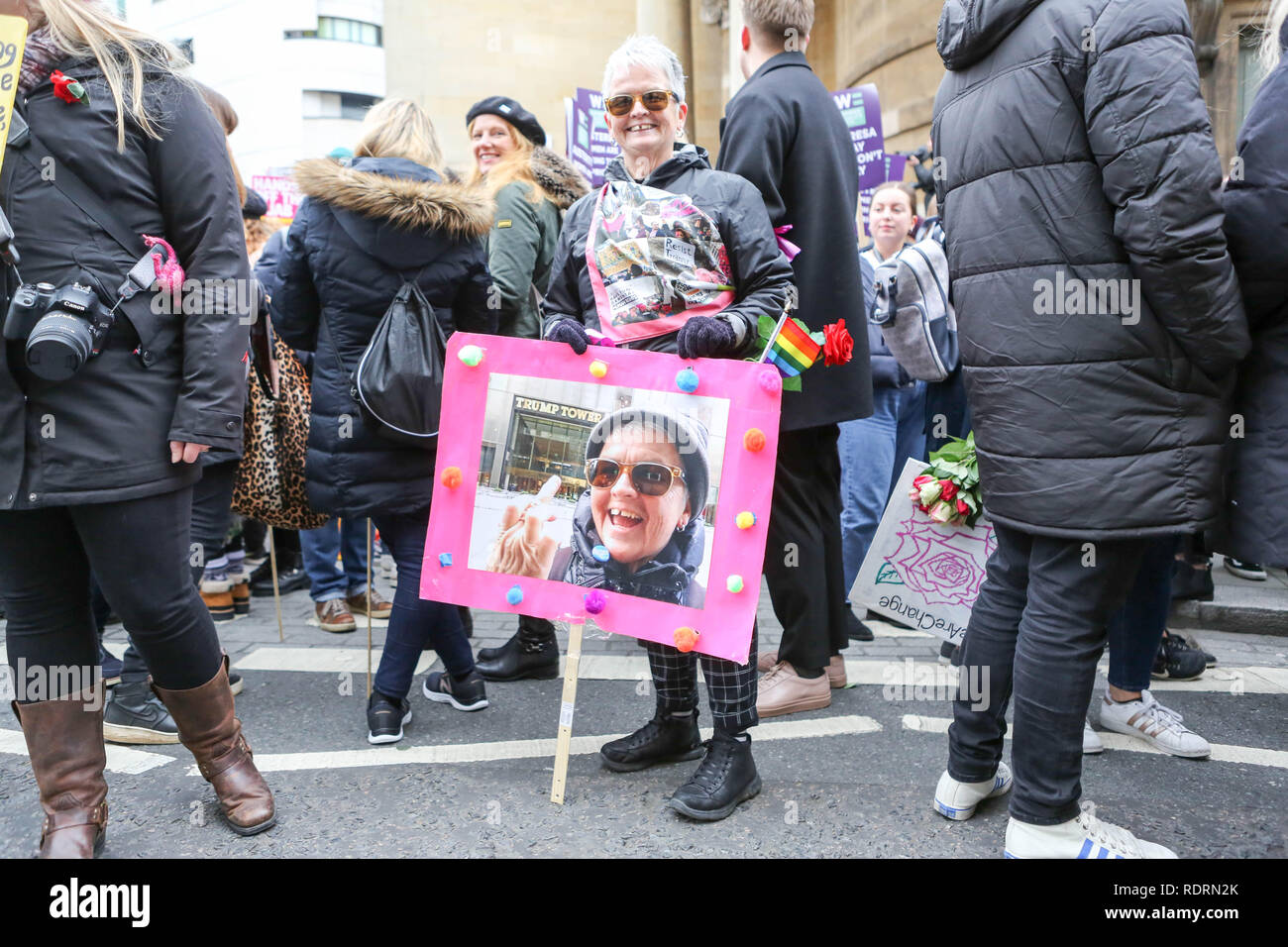 London, Großbritannien. Januar 2019. Ein Demonstrant hält ein handgemachtes Schild während des Frauenmarsches in London, Großbritannien, im Januar 2019. Das Schild zeigt ein Foto und dekorative Elemente, die Solidarität und persönliche Ermächtigung zum Ausdruck bringen. Die Veranstaltung versammelte verschiedene Teilnehmer, die sich für die Gleichstellung der Geschlechter, Menschenrechte und soziale Gerechtigkeit einsetzten. Penelope Barritt/Alamy Live News Stockfoto