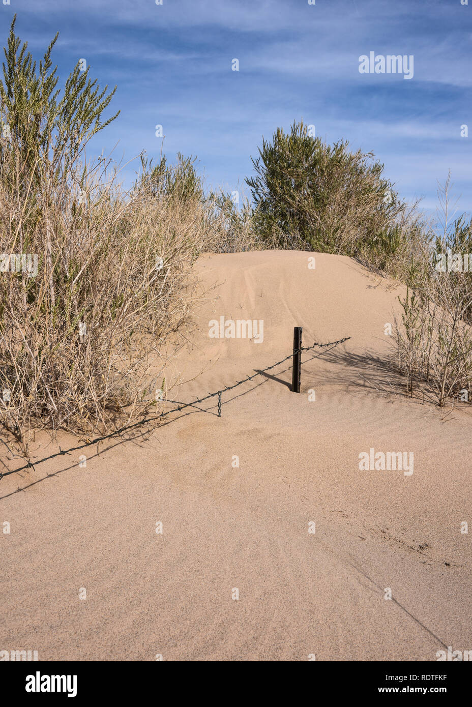 Stacheldraht zaun mit Metall Beiträge fast im Sand begraben Stockfoto