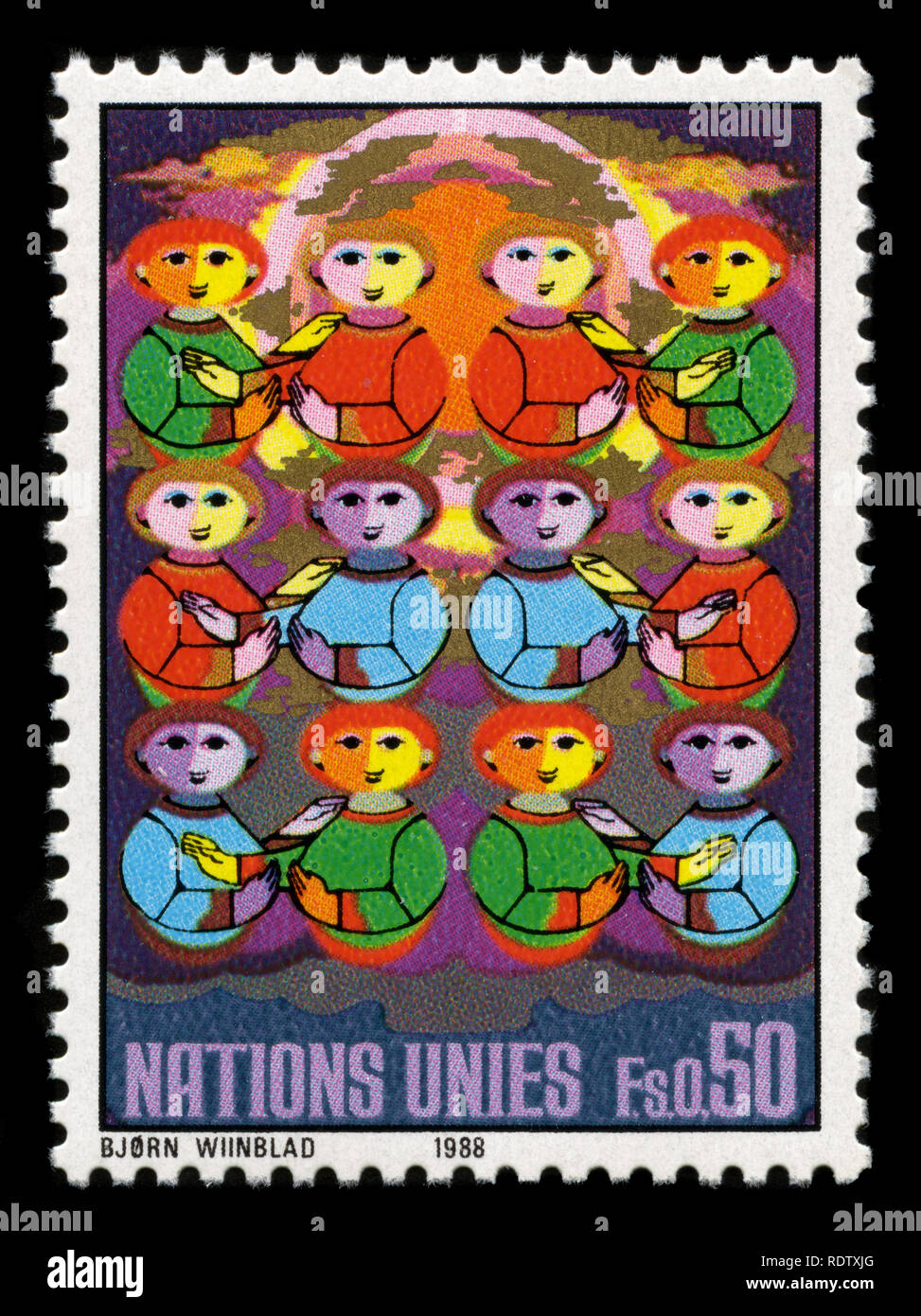 Briefmarke aus den Büros der Vereinten Nationen in Genf 1988 Stockfoto