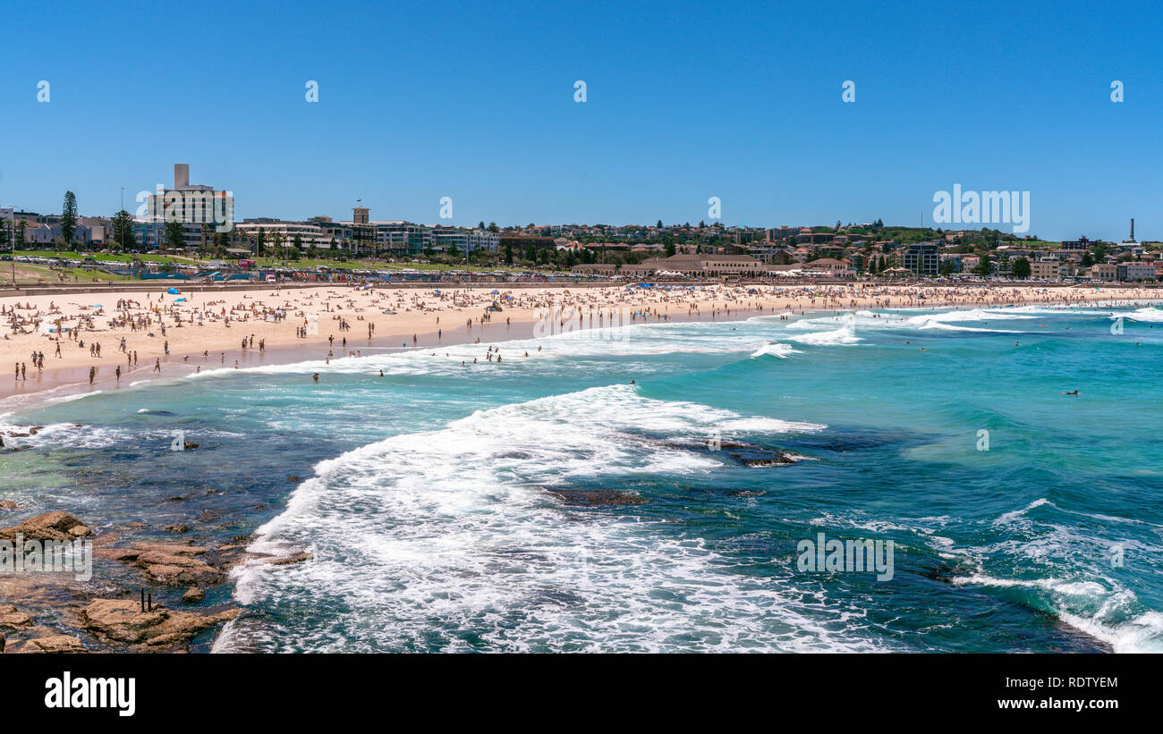 Panorama von Bondi Beach an einem heißen Sommertag mit blauem Himmel in Sydney NSW Australien Stockfoto