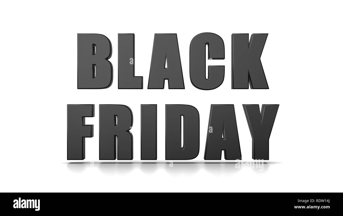 Schwarz Schwarzer Freitag 3D-Text isoliert auf weißem Hintergrund 3D Illustration, Vorderansicht Stockfoto