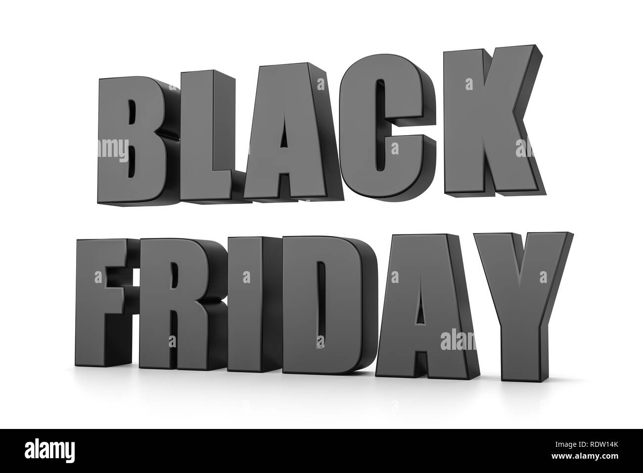 Schwarz Schwarzer Freitag 3D-Text isoliert auf weißem Hintergrund, 3D-Darstellung Stockfoto