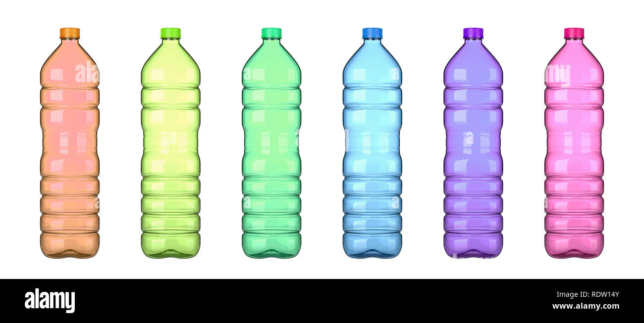 Farbigen, transparenten Kunststoff leere Flasche Sammlung isoliert auf weißem Hintergrund, 3D-Darstellung Stockfoto