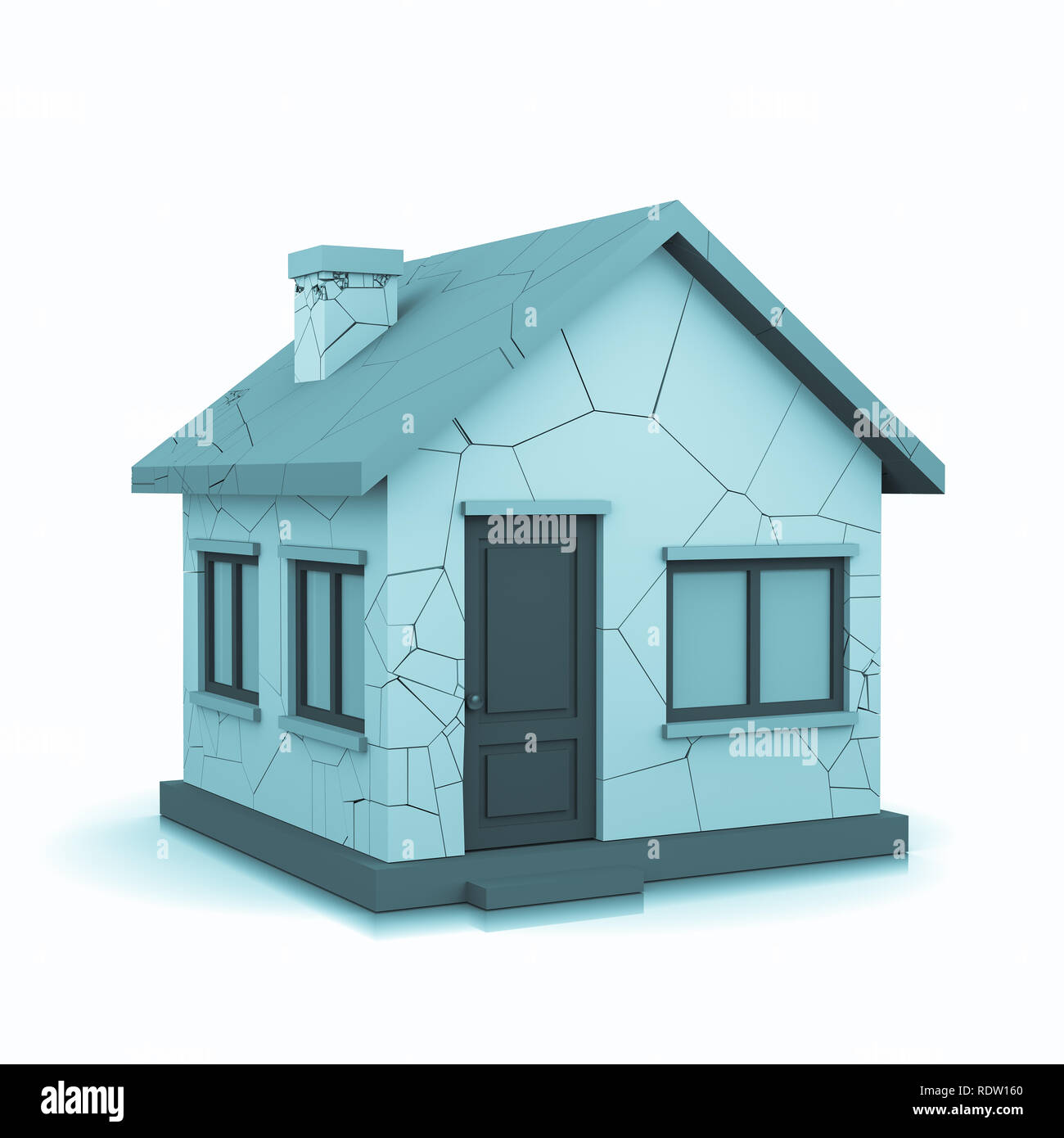 3D-Haus mit Rissen auf weißem Hintergrund Abbildung Stockfoto
