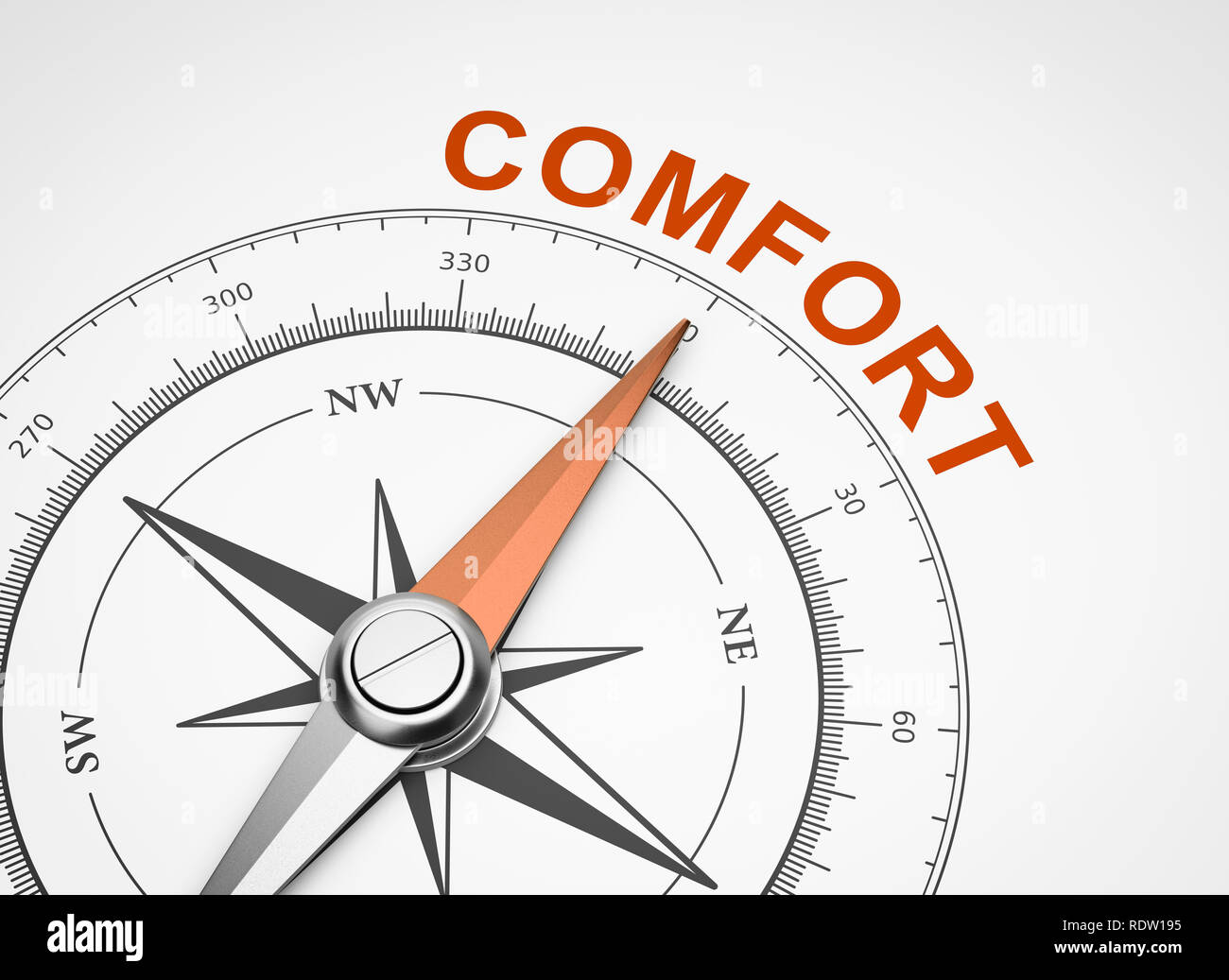 Magnetischer Kompass mit Nadel nach Orange Comfort Wort auf weißem Hintergrund 3D Illustration Stockfoto