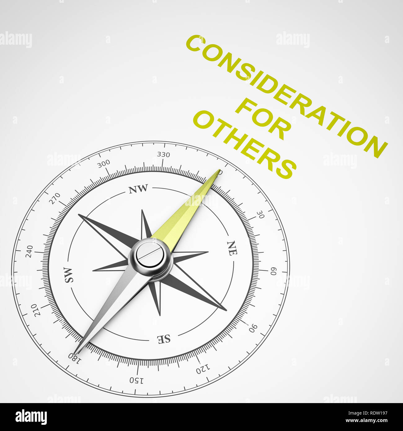 Magnetischer Kompass mit Nadel nach Gelb Betrachtung für andere Text auf weißem Hintergrund, 3D-Darstellung Stockfoto
