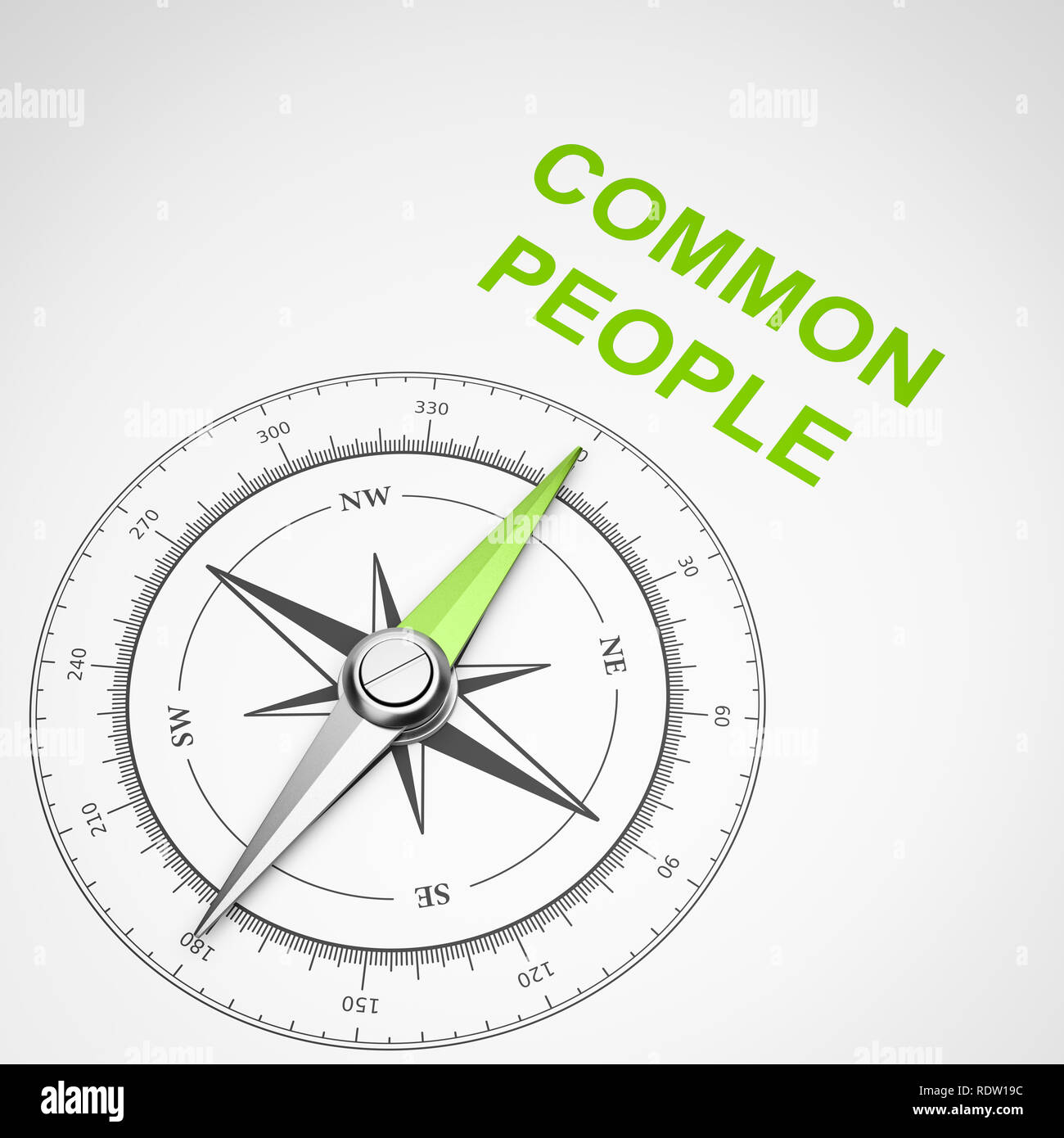 Magnetischer Kompass mit Nadel nach grünen Menschen Text auf weißem Hintergrund, 3D-Darstellung Stockfoto