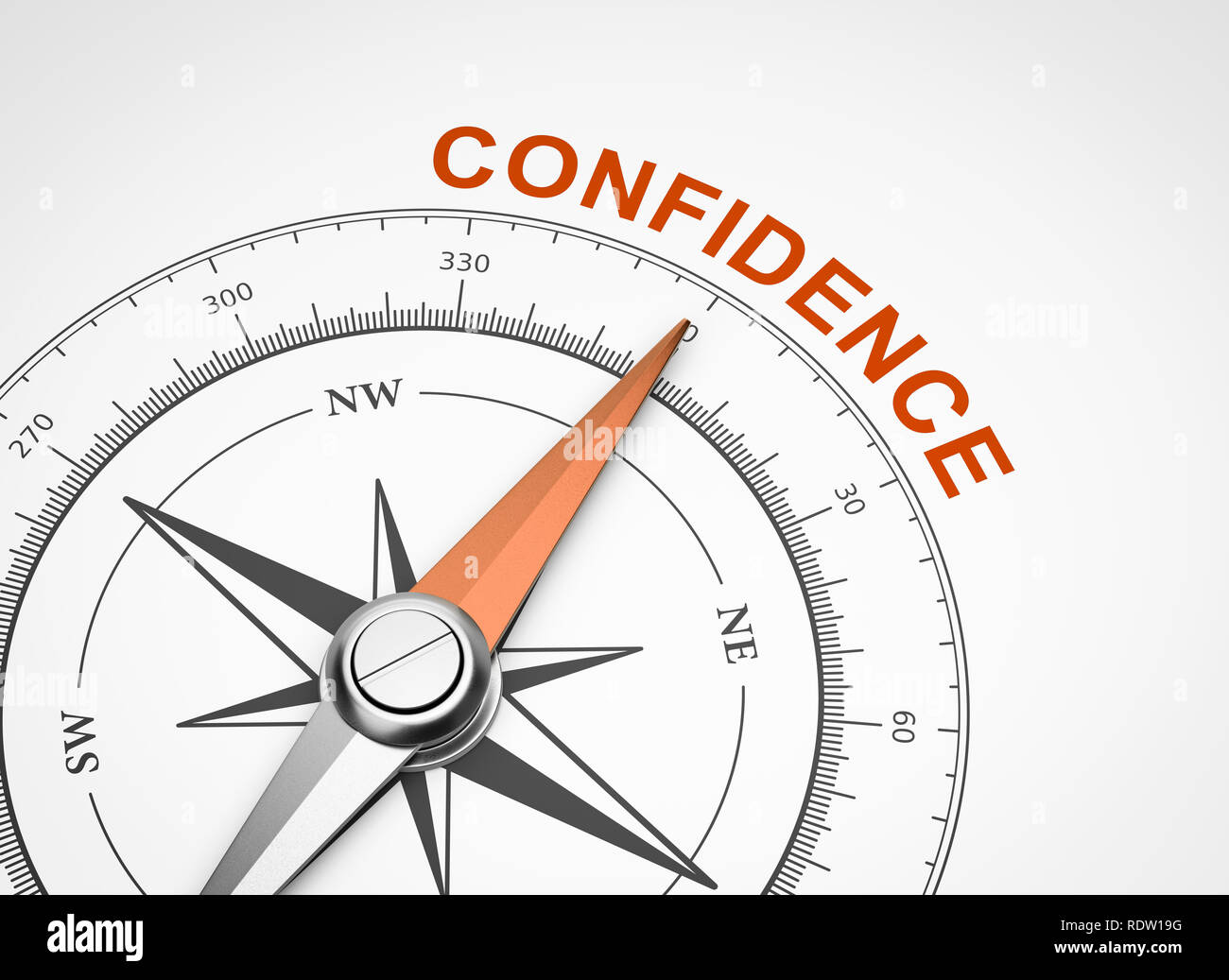 Magnetischer Kompass mit Nadel nach Orange vertrauen Wort auf weißem Hintergrund 3D Illustration Stockfoto