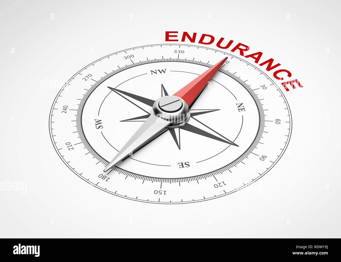 Magnetischer Kompass mit Nadel nach rot Ausdauer Wort auf weißem Hintergrund 3D Illustration Stockfoto