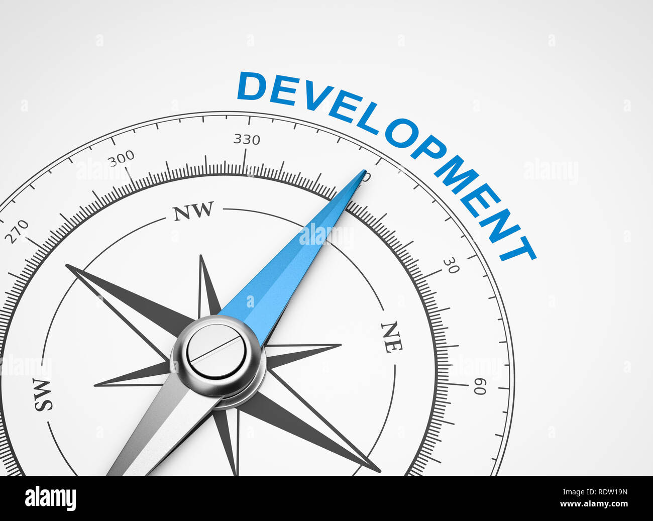 Magnetischer Kompass mit Nadel nach Blau Entwicklung Wort auf weißem Hintergrund 3D Illustration Stockfoto