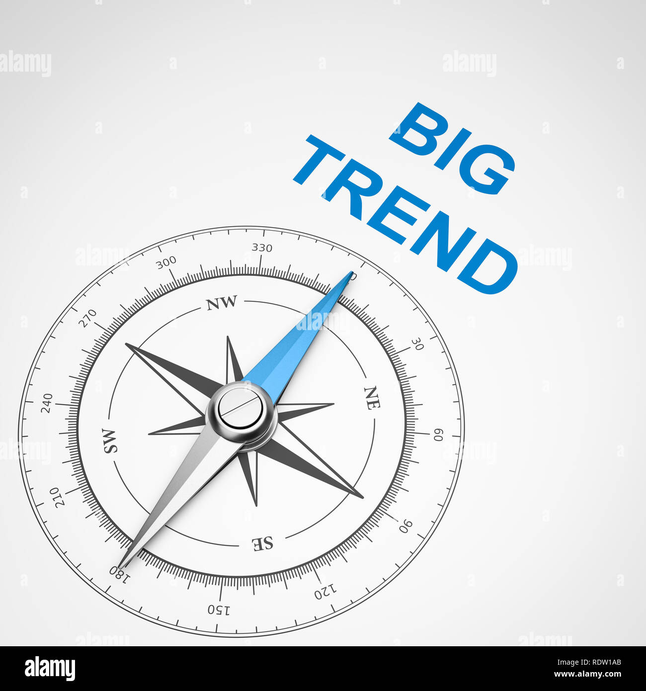 Magnetischer Kompass mit Nadel nach Blau große Trend Text auf weißem Hintergrund, 3D-Darstellung Stockfoto