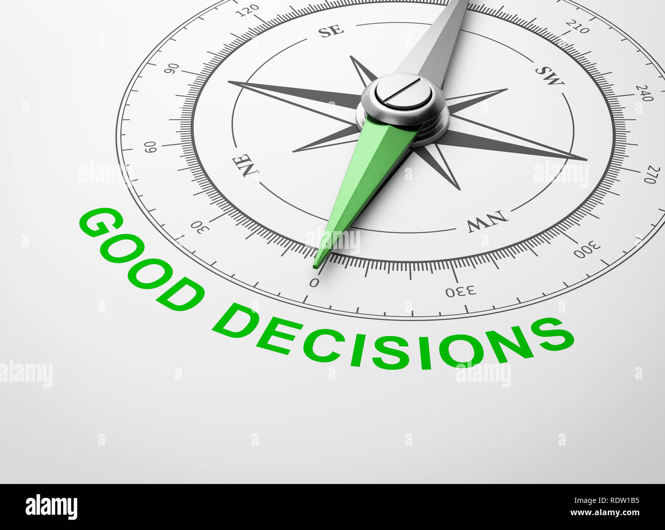 Magnetischer Kompass mit Nadel nach Grünen gute Entscheidungen Text auf weißem Hintergrund, 3D-Darstellung Stockfoto
