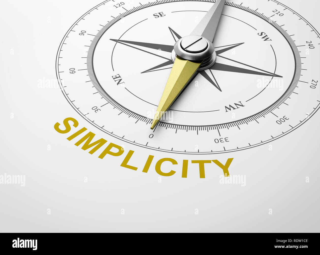 Magnetischer Kompass mit Nadel nach Gelb Einfachheit Wort auf weißem Hintergrund 3D Illustration Stockfoto