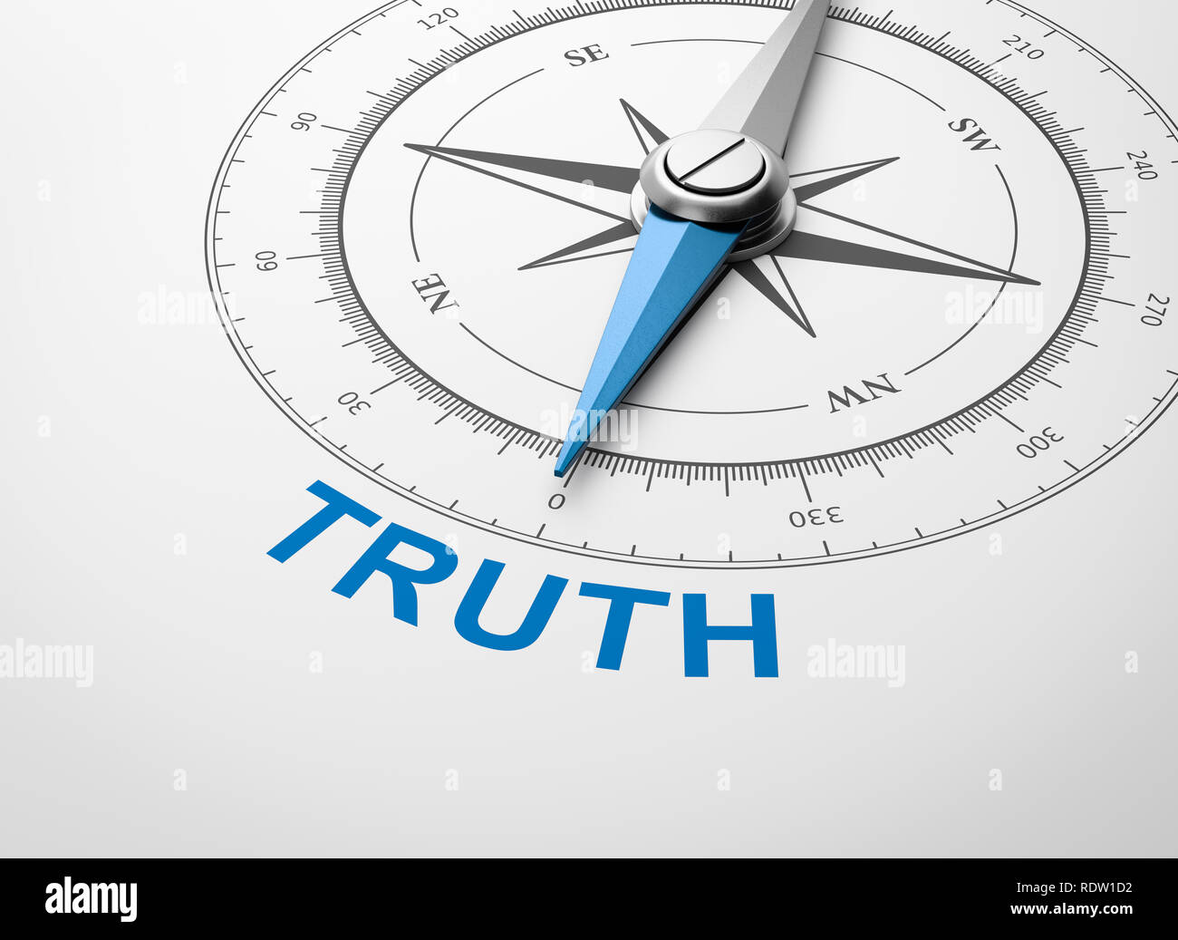 Magnetischer Kompass mit Nadel nach Blau Wahrheit Wort auf weißem Hintergrund 3D Illustration Stockfoto