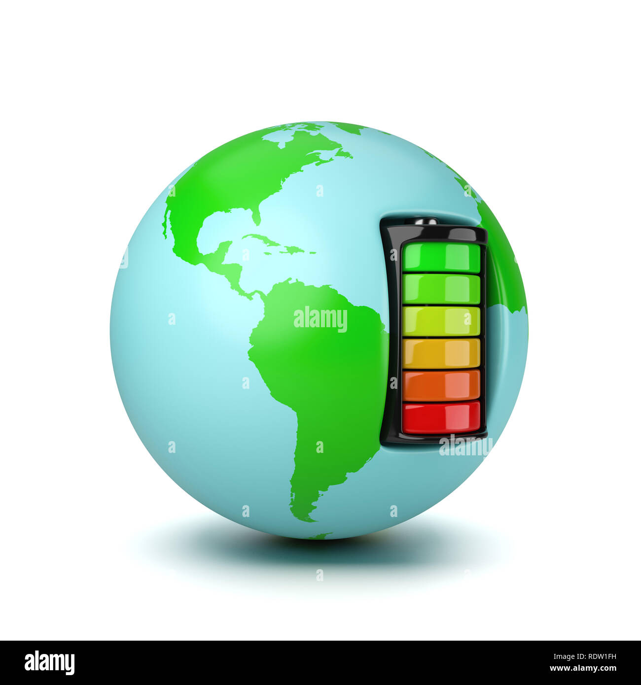 Welt durch eine elektrische Batterie auf weißem Hintergrund 3D Illustration Powered Stockfoto