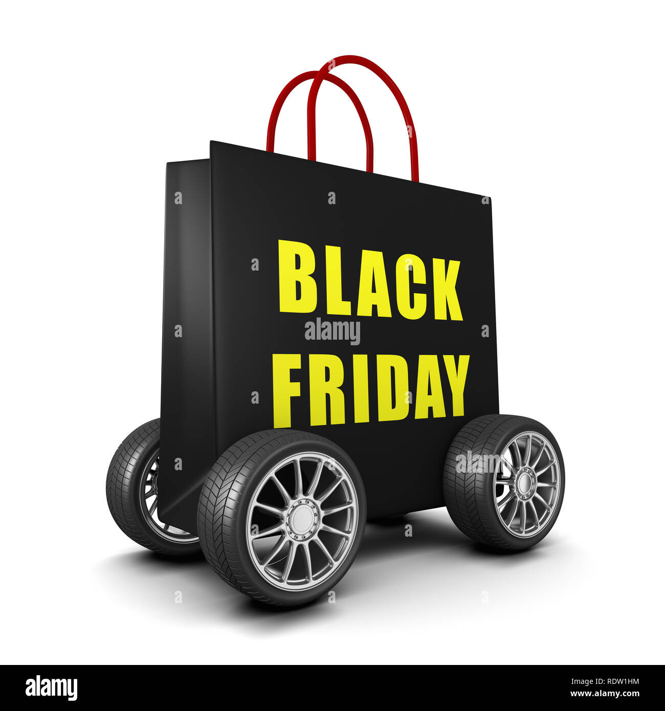 Schwarz Einkaufstasche auf Rädern mit Gelb Schwarz Freitag Text auf weißem Hintergrund, 3D-Darstellung Stockfoto