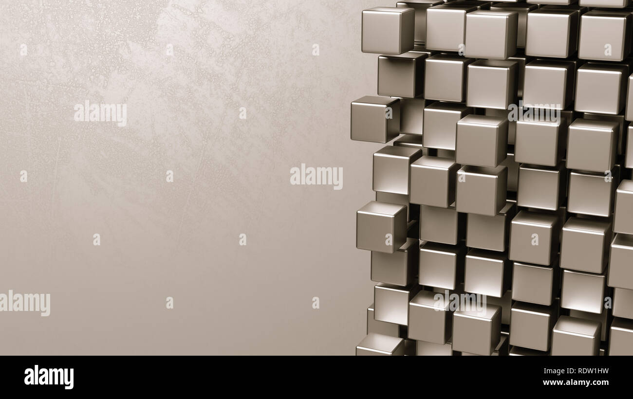 Würfel Aggregation auf Grau Zusammenfassung Hintergrund mit Copyspace 3D-Darstellung Stockfoto