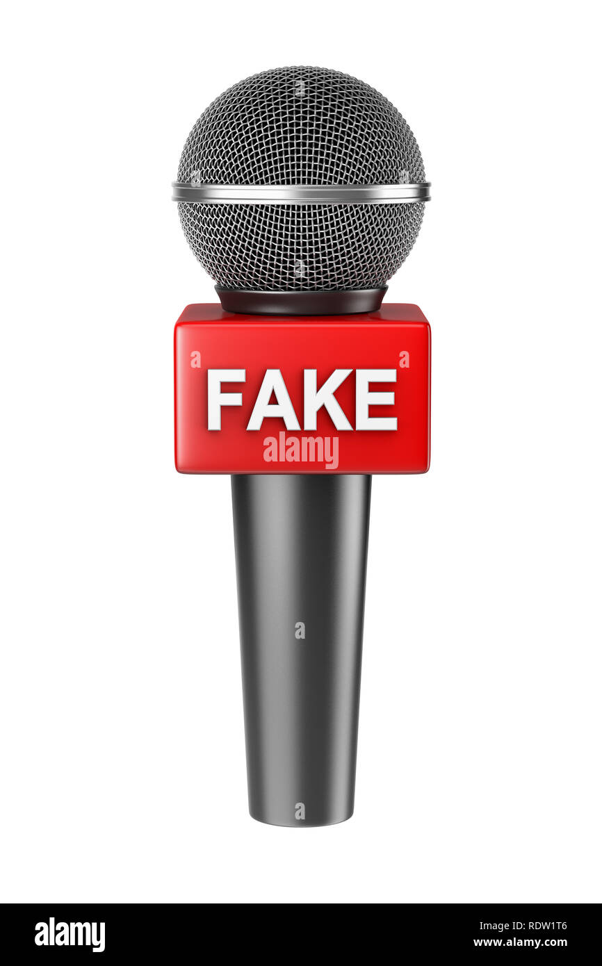 Metallic Rot drücken Sie gefälschte Nachrichten Mikrofon isoliert auf weißem Hintergrund, 3D-Darstellung Stockfoto
