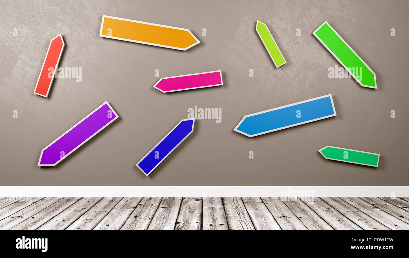 Bunte leer Richtungspfeile im Zimmer gegen graue Wand 3D-Darstellung Stockfoto