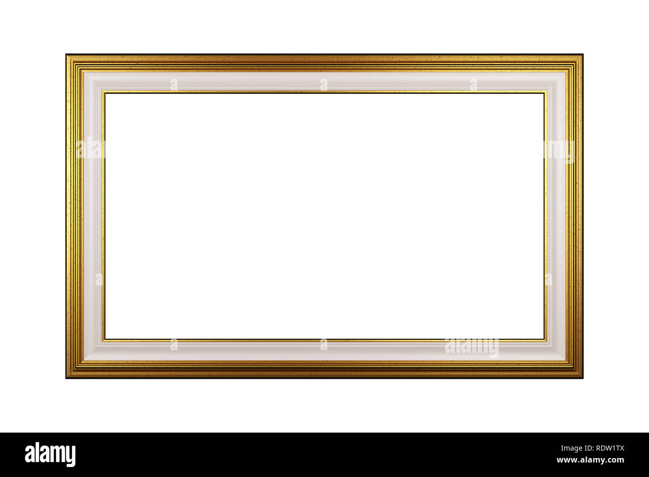 Klassischen rechteckigen leeren goldenen Bilderrahmen isoliert auf weißem Hintergrund, 3D-Rendering Stockfoto