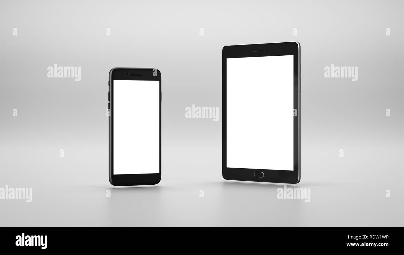 Ständigen Smartphone und Tablet PC mit weißen Leere Anzeige auf grauem Hintergrund mit Copyspace 3D-Darstellung Stockfoto