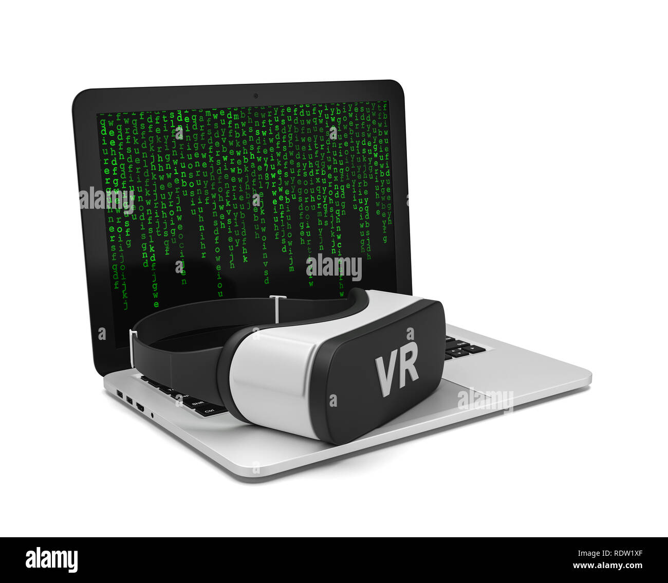 Laptop mit VR Virtual Reality Headset 3D-Abbildung auf weißem Hintergrund Stockfoto