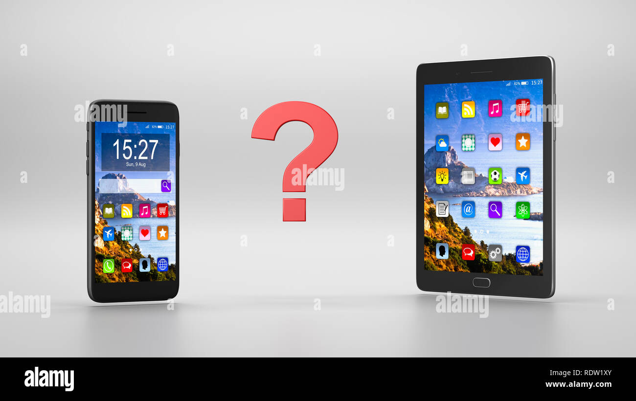 Ständigen Smartphone und Tablet Pc auf grauem Hintergrund mit roten Fragezeichen 3D-Illustration, Vergleichen und Konzept wählen Stockfoto