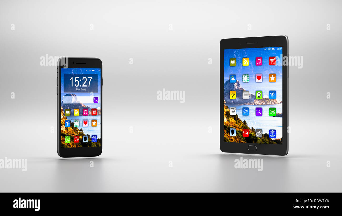 Ständigen Smartphone und Tablet Pc auf grauem Hintergrund mit Copyspace 3D-Illustration, Konzept vergleichen Stockfoto