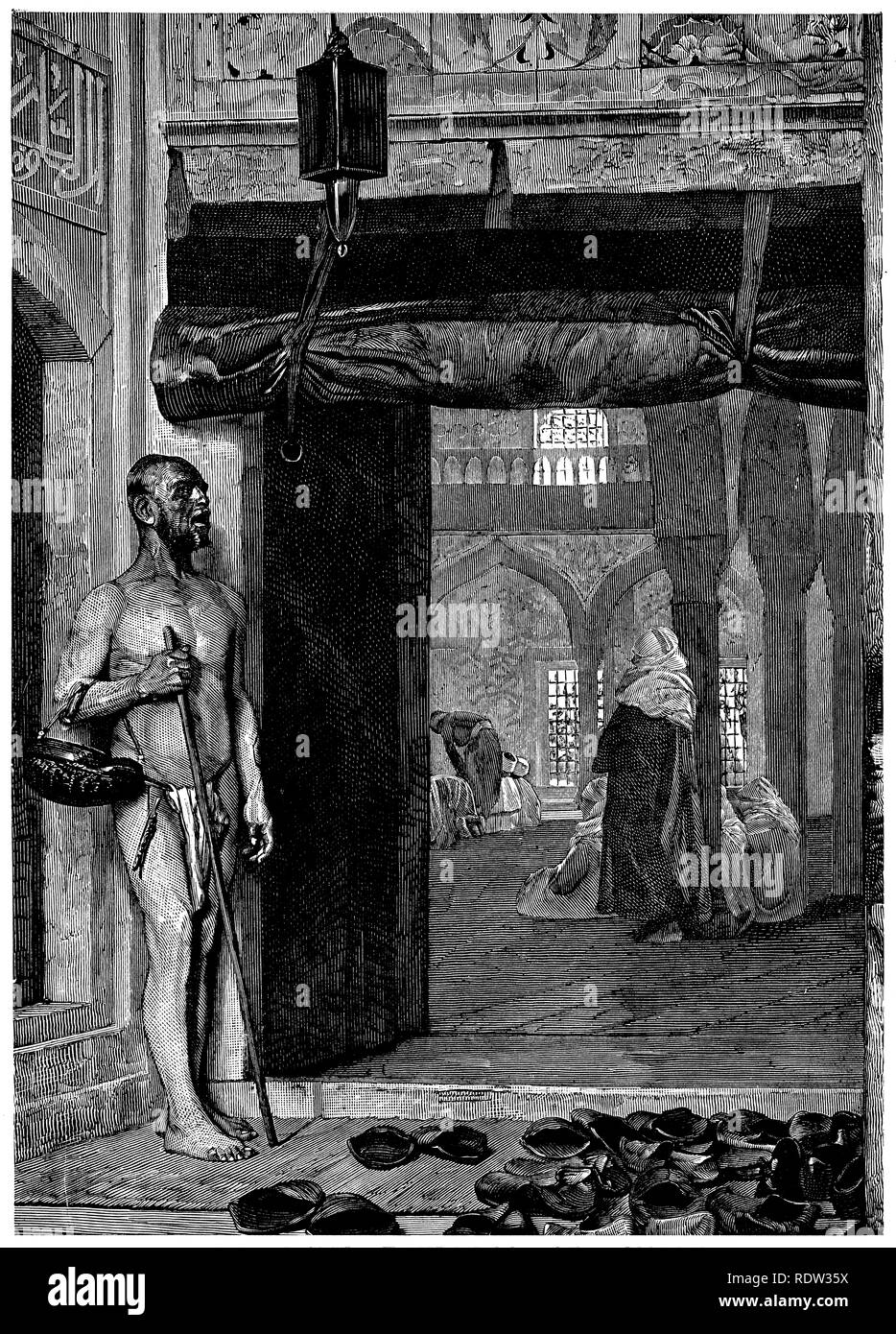 Bettelender Mönch an der Tür einer Moschee, von John Leo Gérôme *1824-1904), Vintage-Gravur Stockfoto